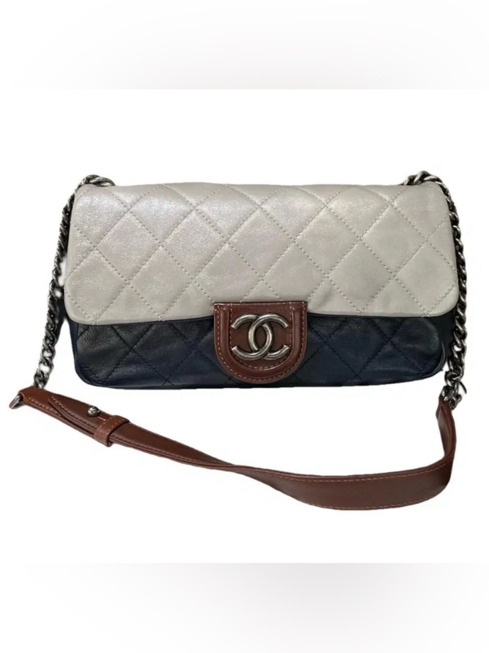 CHANEL Quilted Two-Tone Crossbody Bag in silver, navy, brown